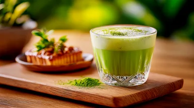 Matcha Latte With Pastry On Wooden Board