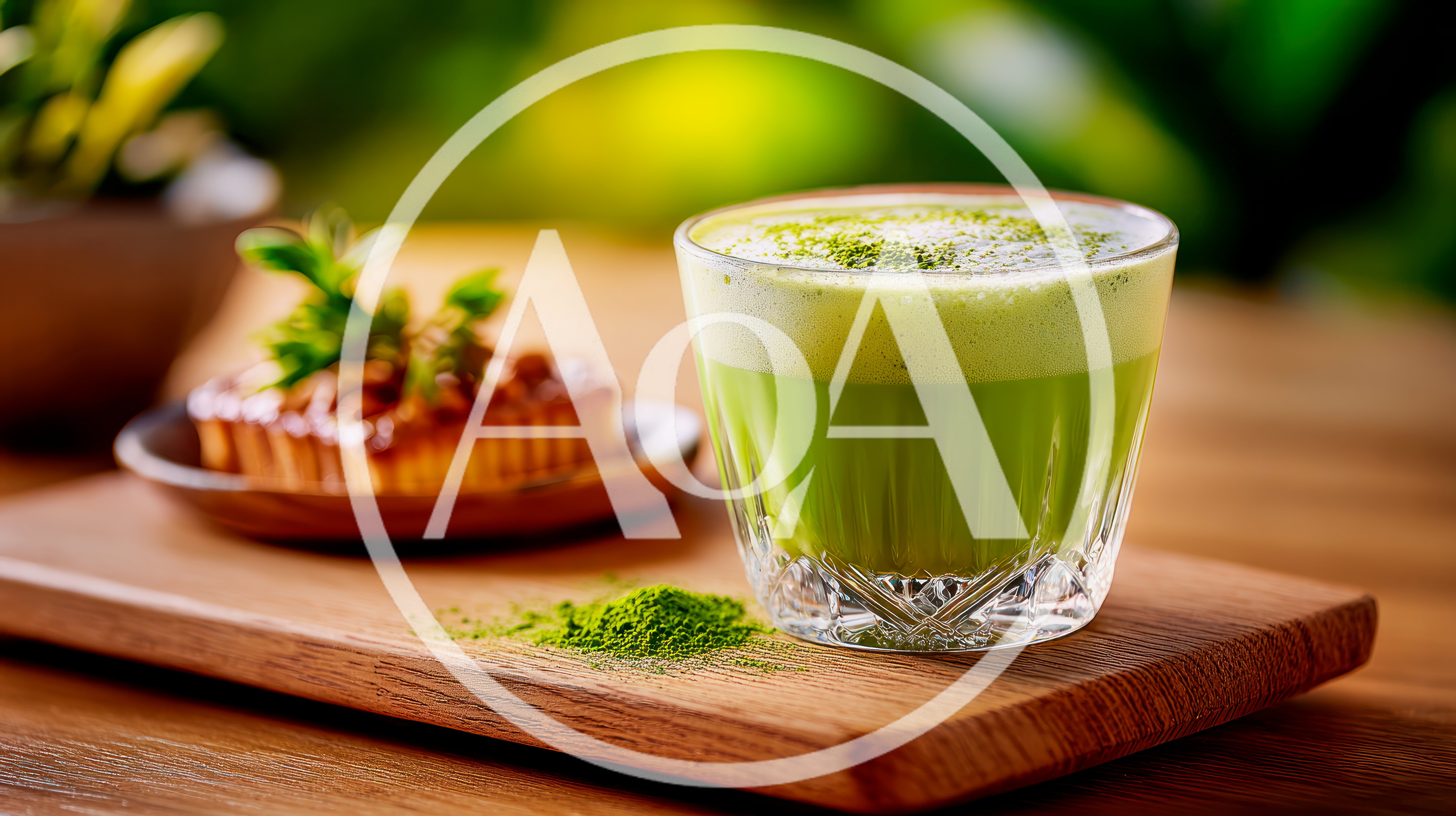 Matcha Latte With Pastry On Wooden Board