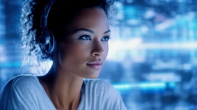 Young Woman Wearing Headphones In A Futuristic Digital Environment