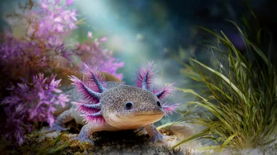 Axolotl Resting Underwater Among Aquatic Plants