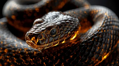 Coiled Black Snake With Glowing Golden Scales