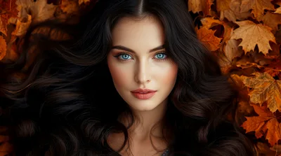 Portrait Of A Beautiful Woman Lying In Autumn Leaves