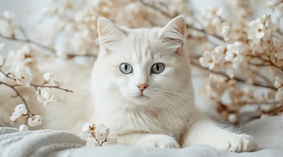 Portrait Of A Fluffy White Cat With Blue Eyes