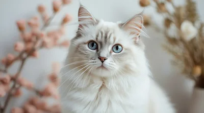 Portrait Of A Fluffy Ragdoll Cat With Blue Eyes