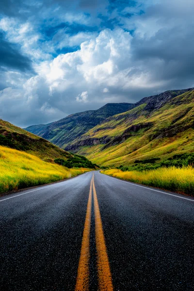 Empty Asphalt Road Through Rolling Green Mountain Valley