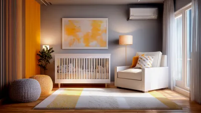 Modern Nursery Room With Crib And Armchair
