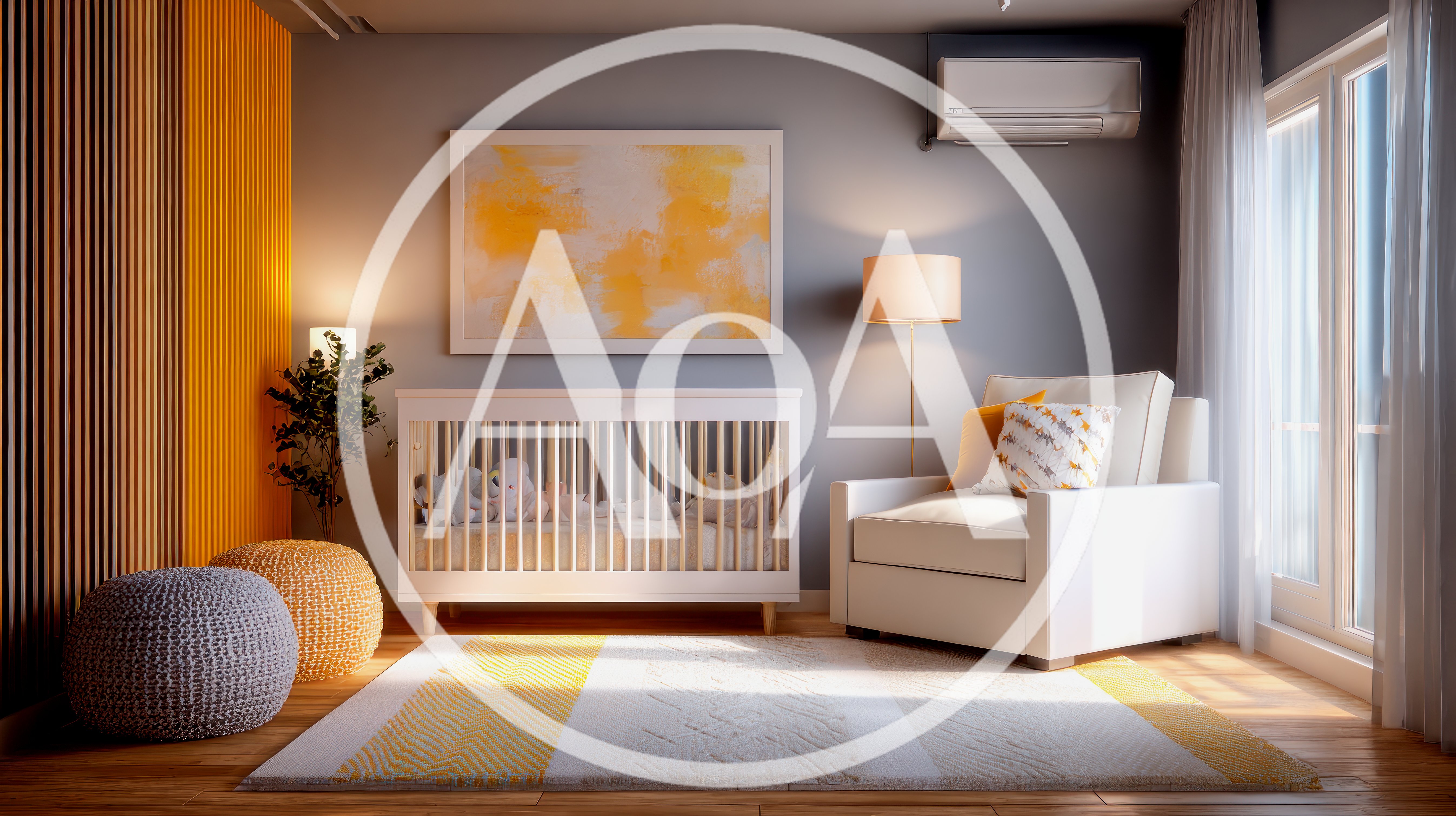 Modern Nursery Room With Crib And Armchair