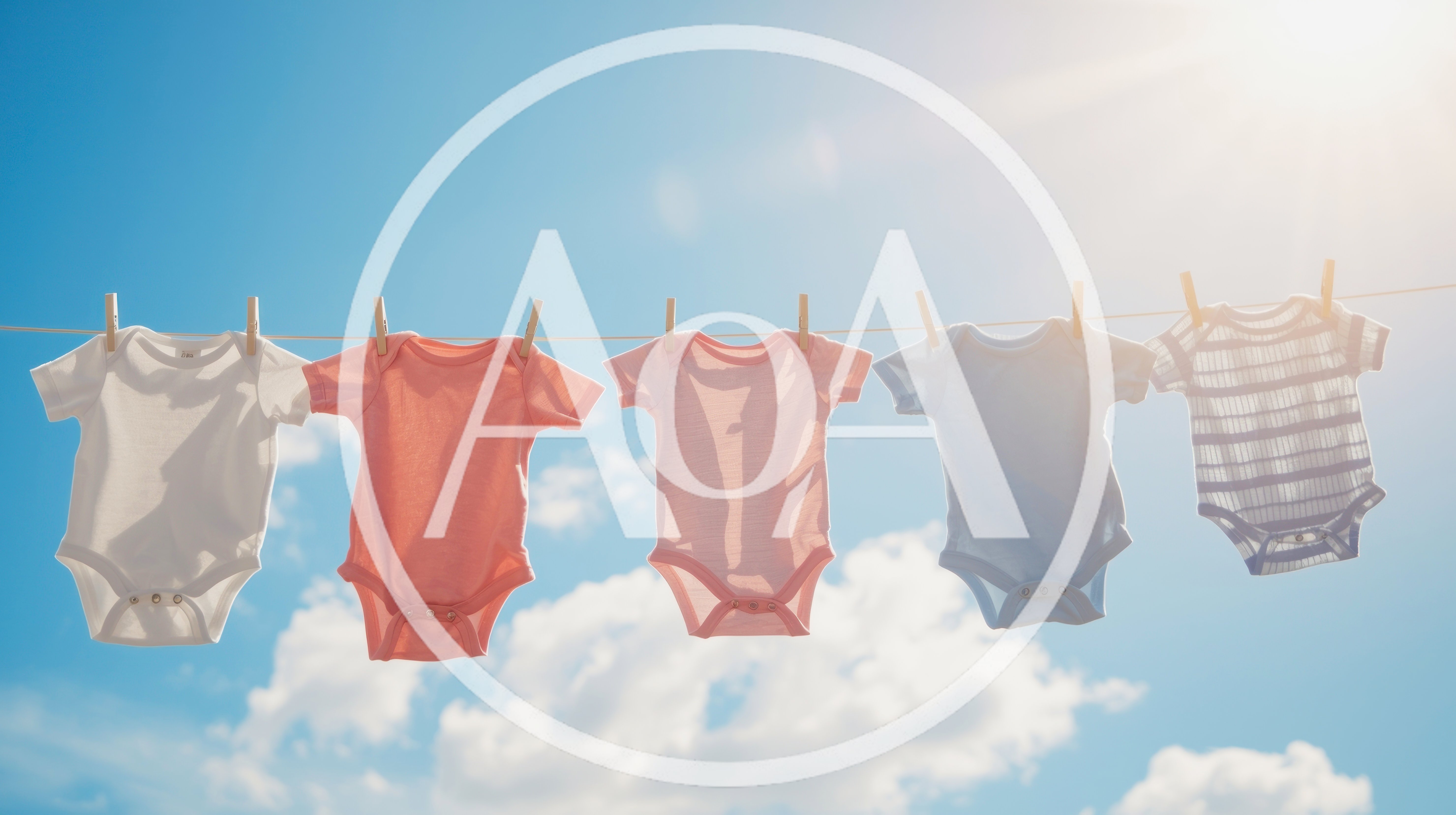 Baby Onesies Hanging on a Clothesline Against Blue Sky