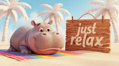 Cute Cartoon Hippo Relaxing on a Rainbow Beach Towel