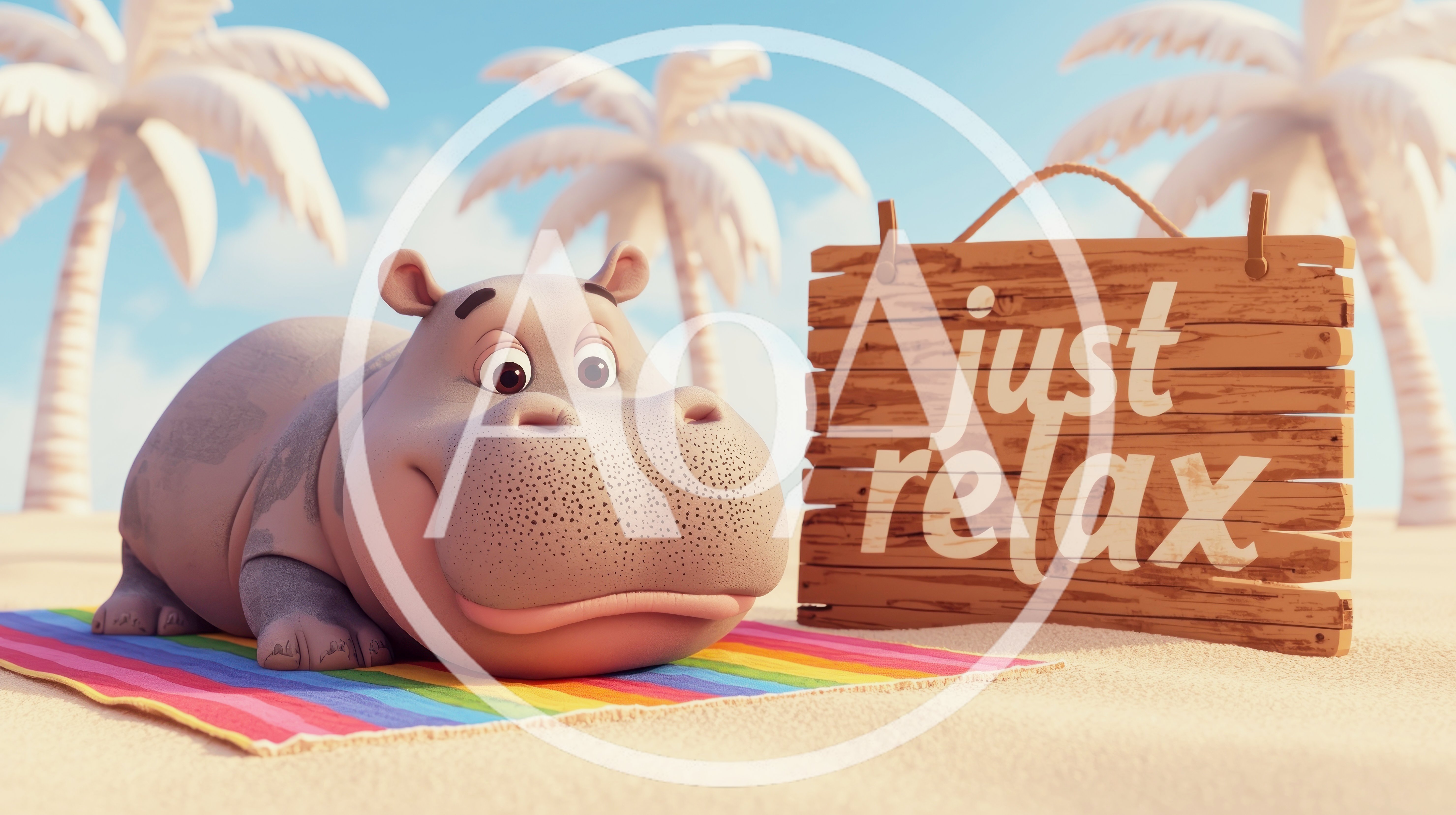 Cute Cartoon Hippo Relaxing on a Rainbow Beach Towel