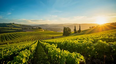 Sunlit Vineyard Landscape At Golden Hour