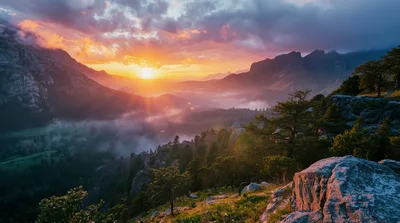 Golden Sunset Over Misty Mountain Valley