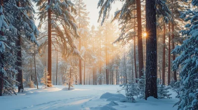 Sunlight Filtering Through Snowy Pine Forest