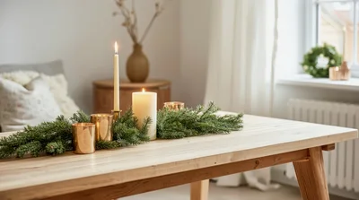 Christmas Table Centerpiece With Candles And Pine Branches