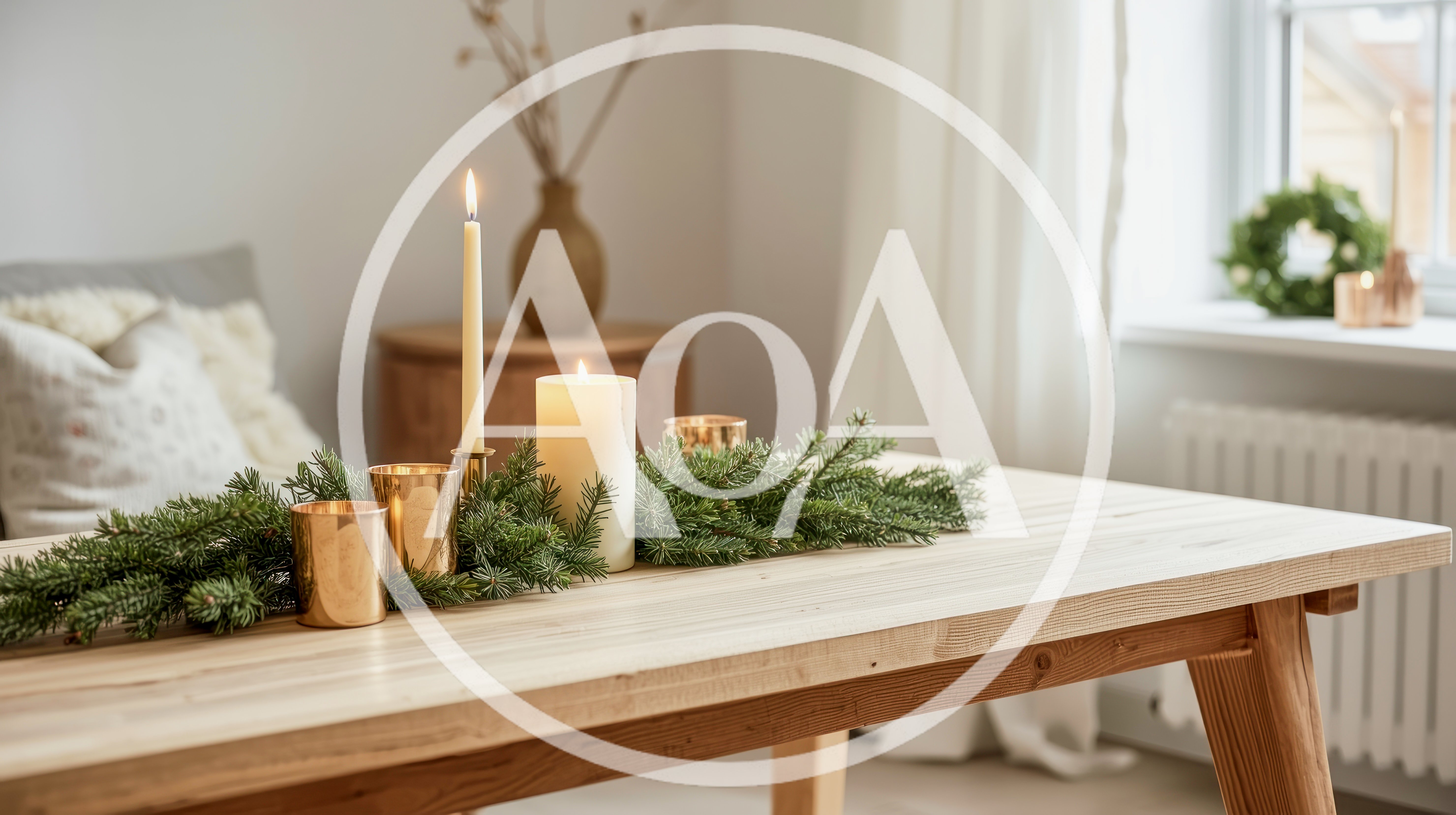 Christmas Table Centerpiece With Candles And Pine Branches