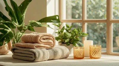 Stacked Towels and Candles Near Sunny Window