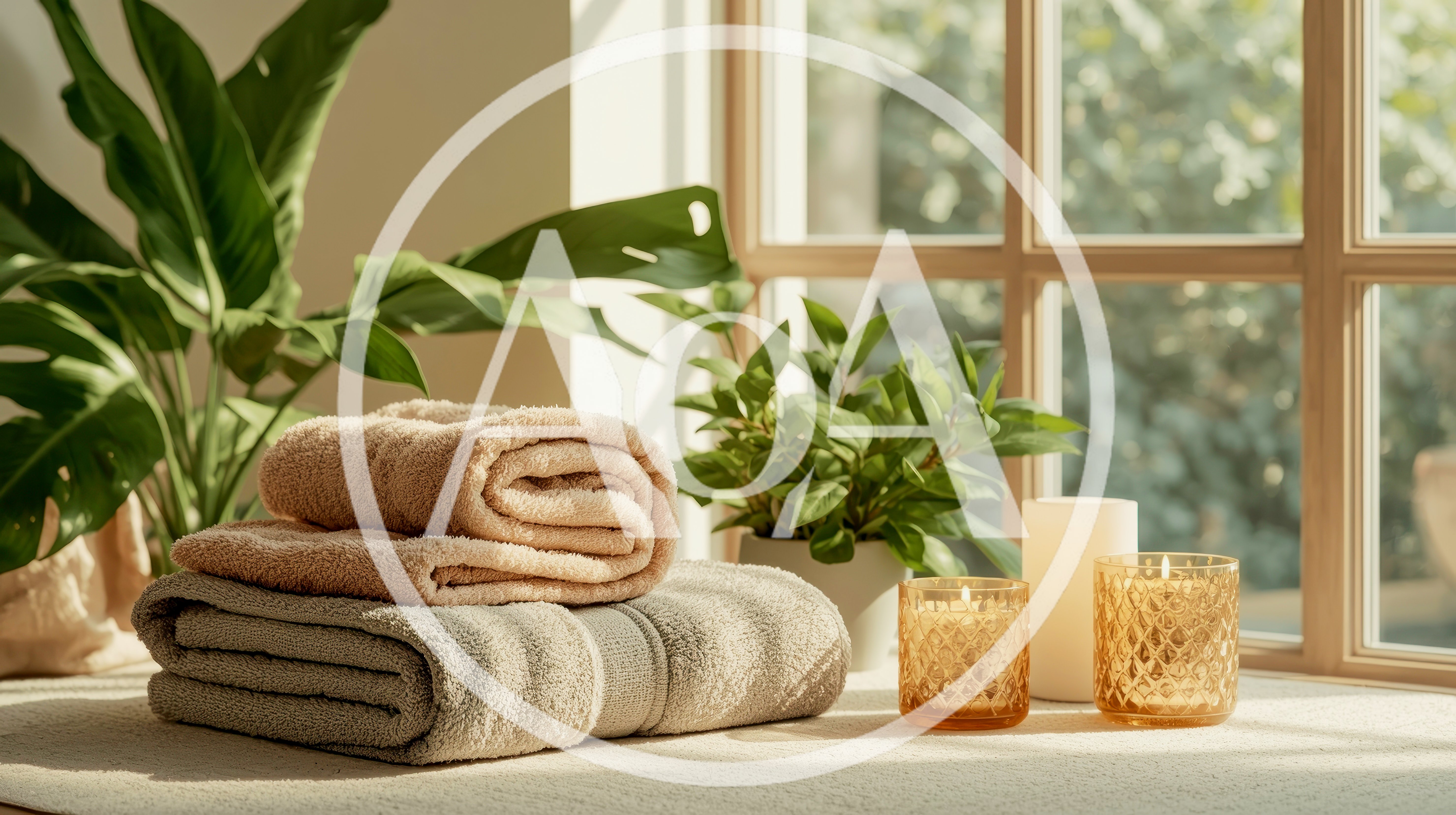 Stacked Towels and Candles Near Sunny Window
