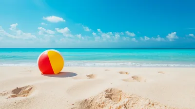 Colorful Beach Ball Resting On Tropical Sandy Shore