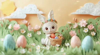 Papercraft Easter Bunny Holding A Basket Of Eggs