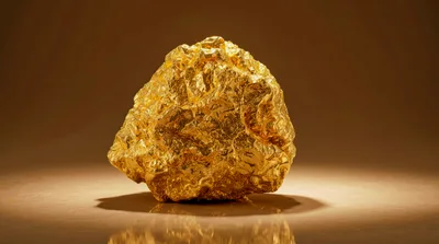 Large Raw Gold Nugget On Reflective Surface