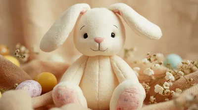 Cute Plush Easter Bunny Sitting With Decorated Eggs