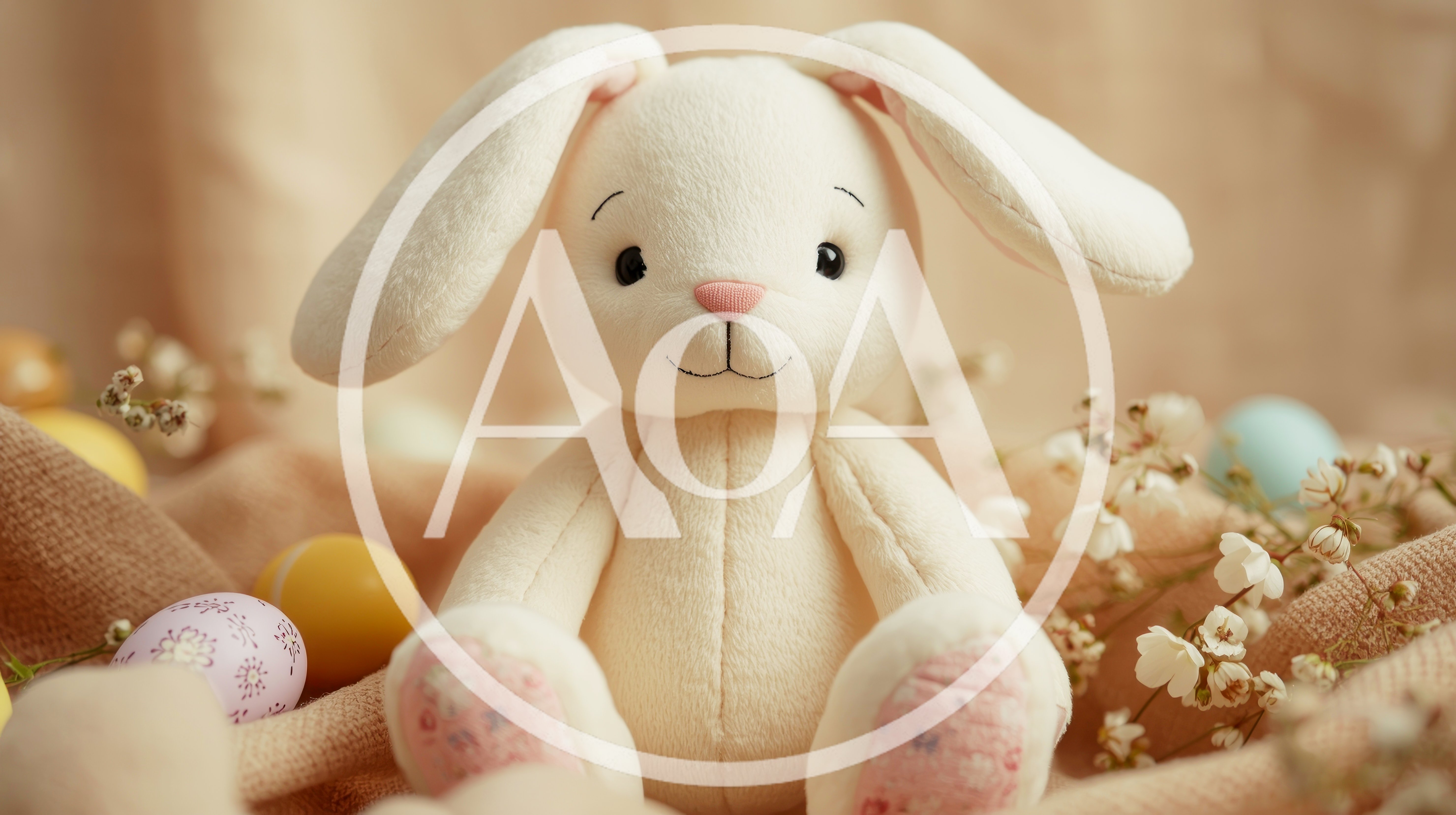 Cute Plush Easter Bunny Sitting With Decorated Eggs
