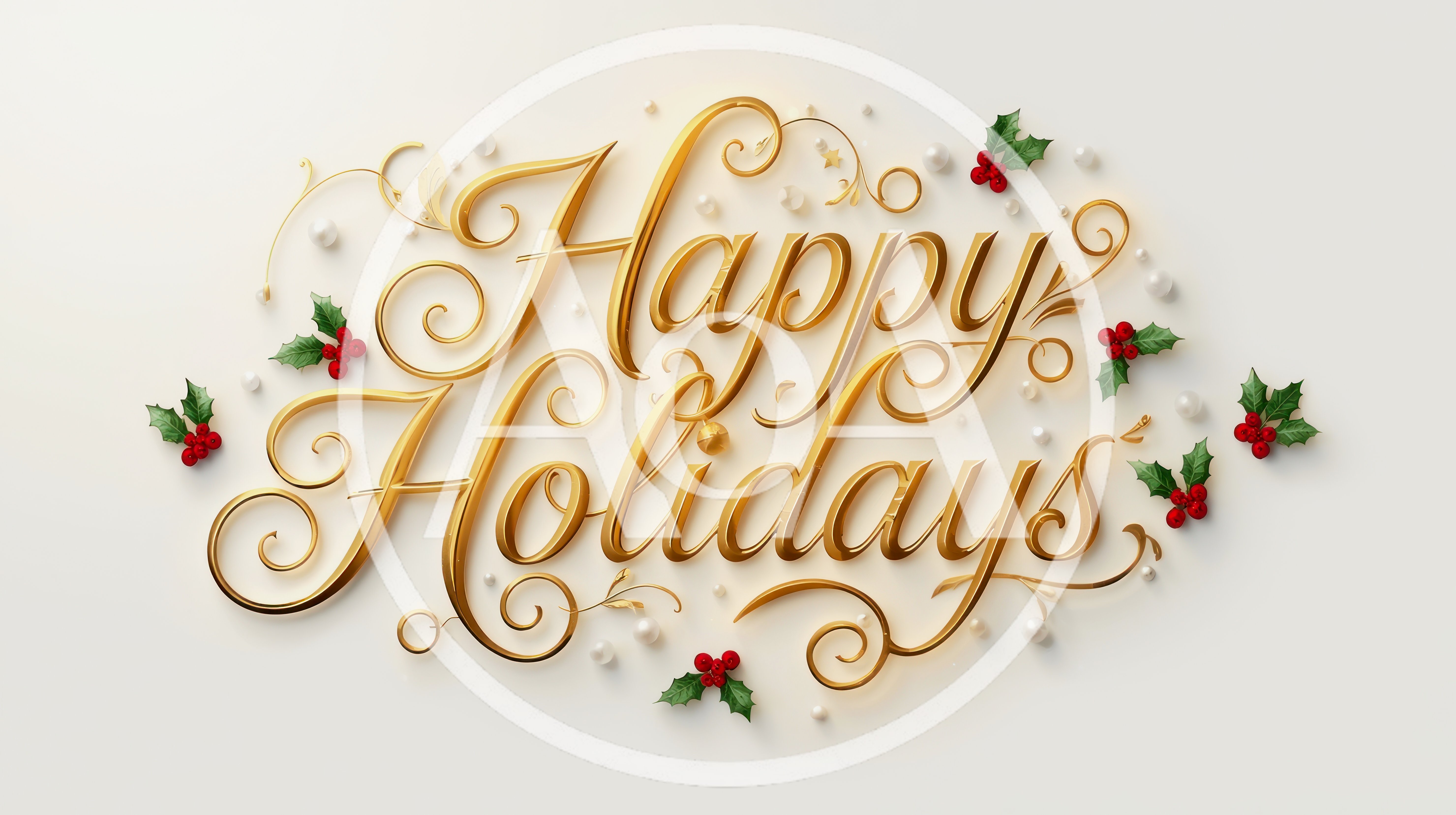 Elegant Gold Happy Holidays Typography With Holly Berries