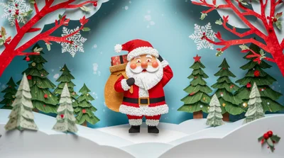 Santa Claus Carrying Gift Sack In Paper Craft Forest