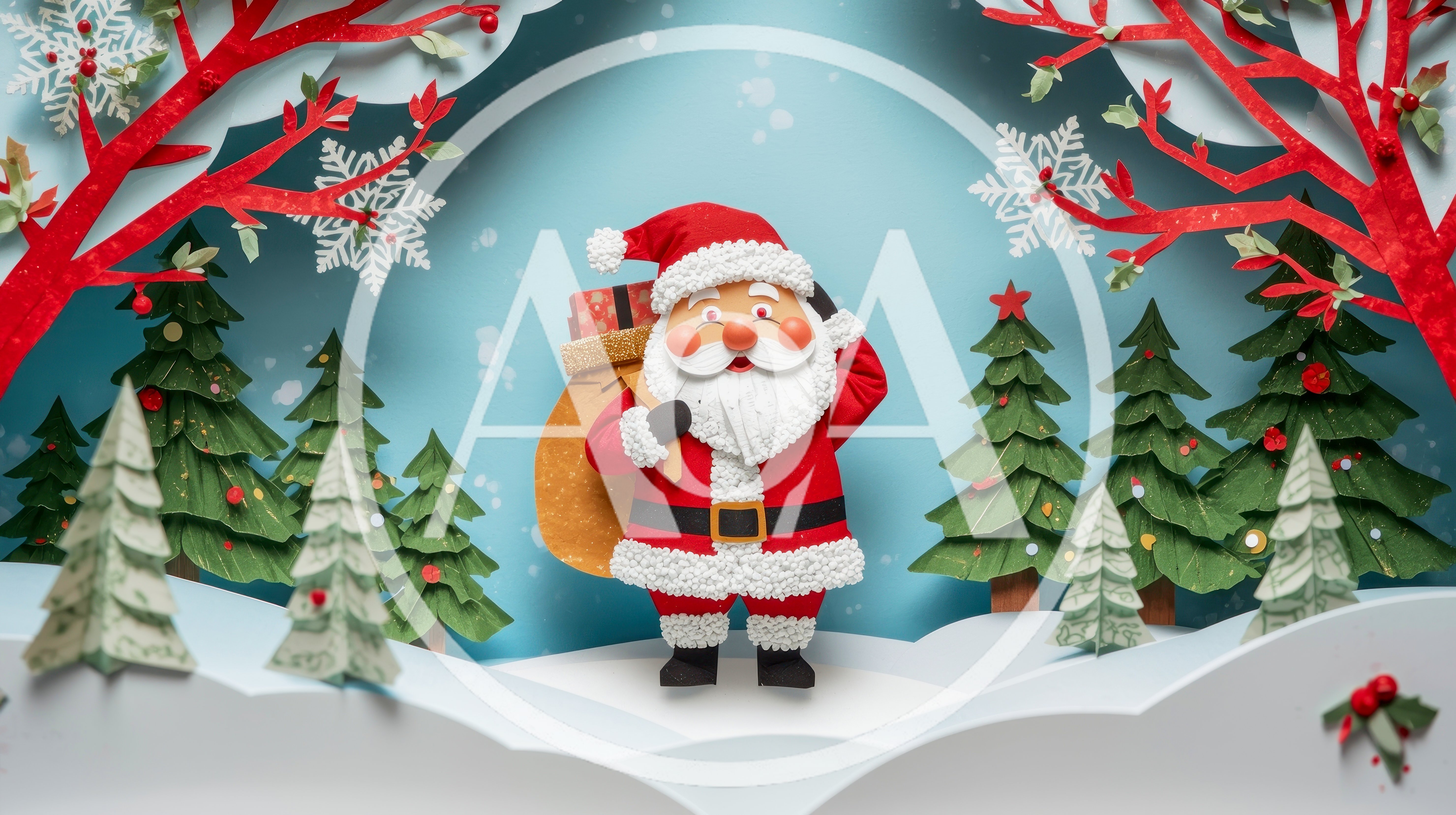 Santa Claus Carrying Gift Sack In Paper Craft Forest