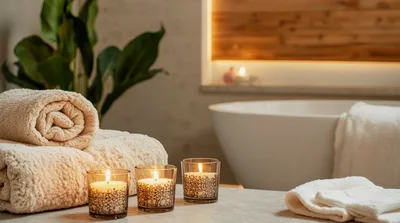 Spa Setting With Rolled Towels And Lit Candles