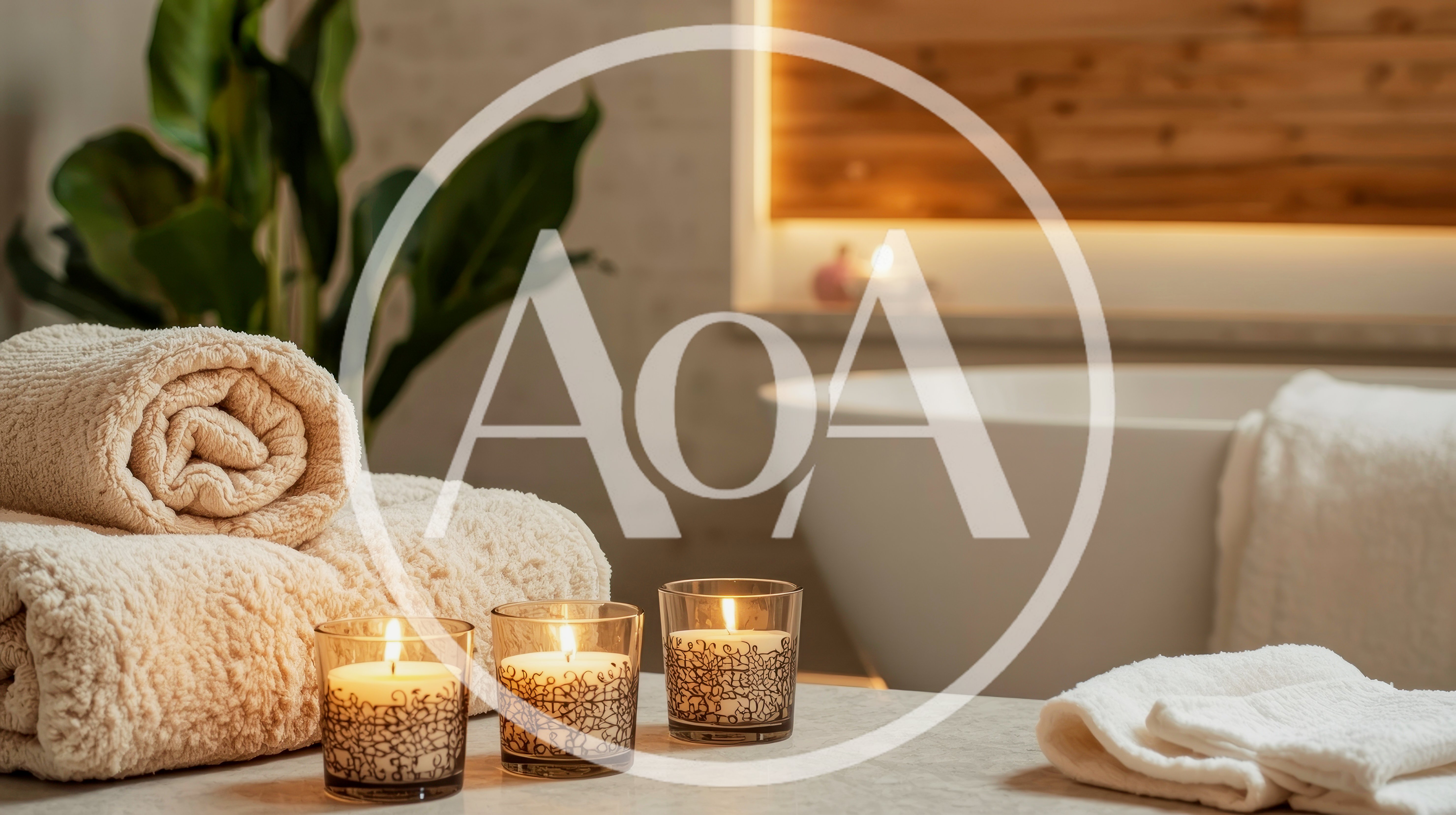 Spa Setting With Rolled Towels And Lit Candles