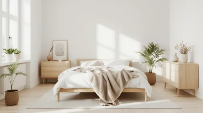 Minimalist Bedroom Interior With Wooden Furniture And Plants