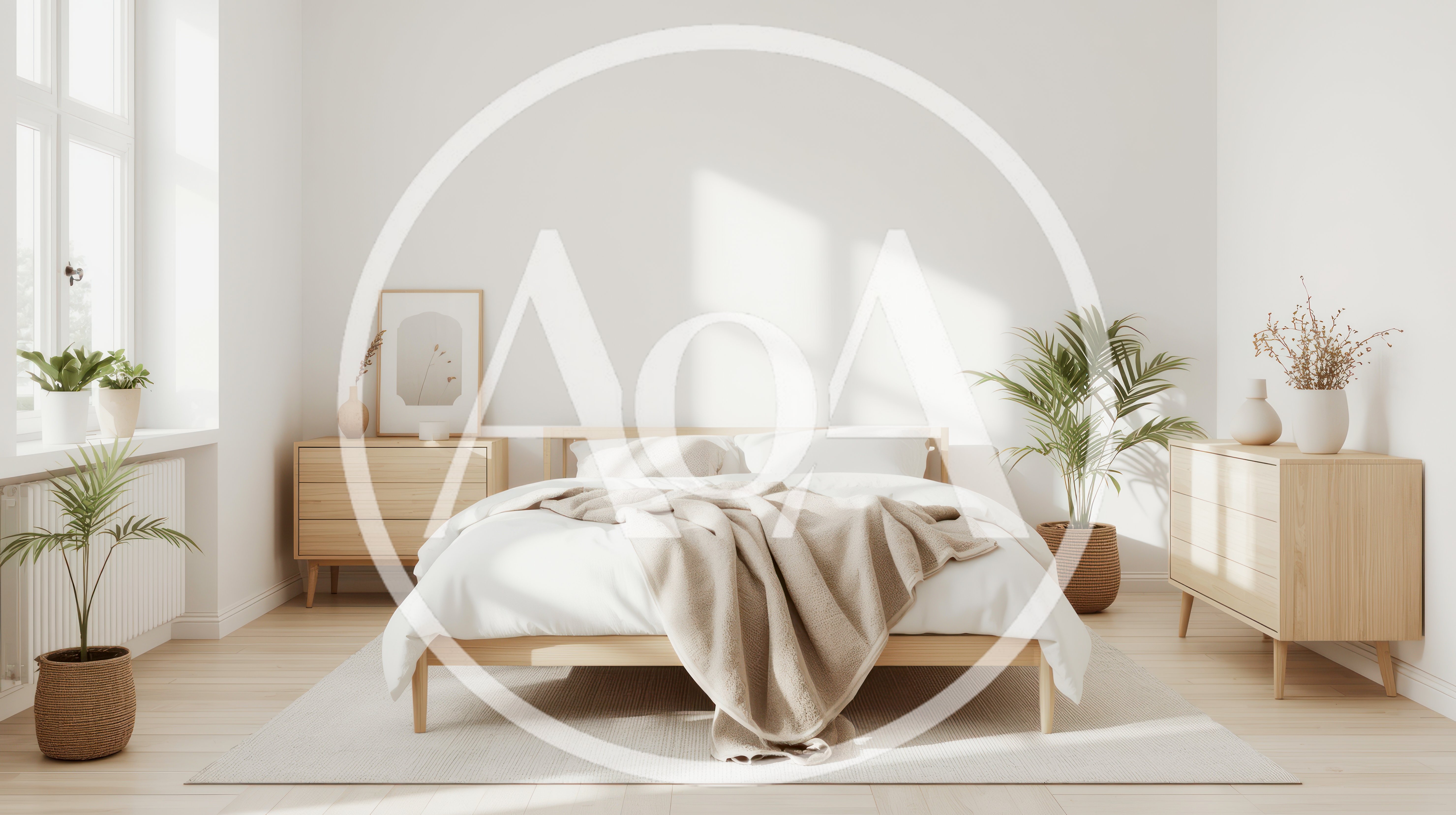 Minimalist Bedroom Interior With Wooden Furniture And Plants