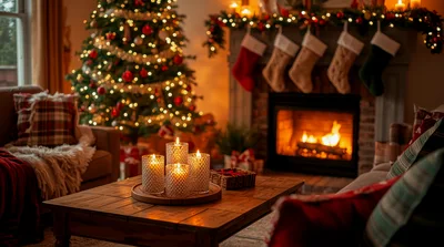 Cozy Living Room Decorated For Christmas With Fireplace