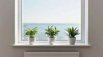 Three Potted Plants On A Sunny Window Sill