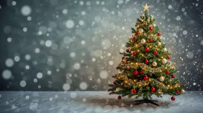 Decorated Christmas Tree With Falling Snow Background