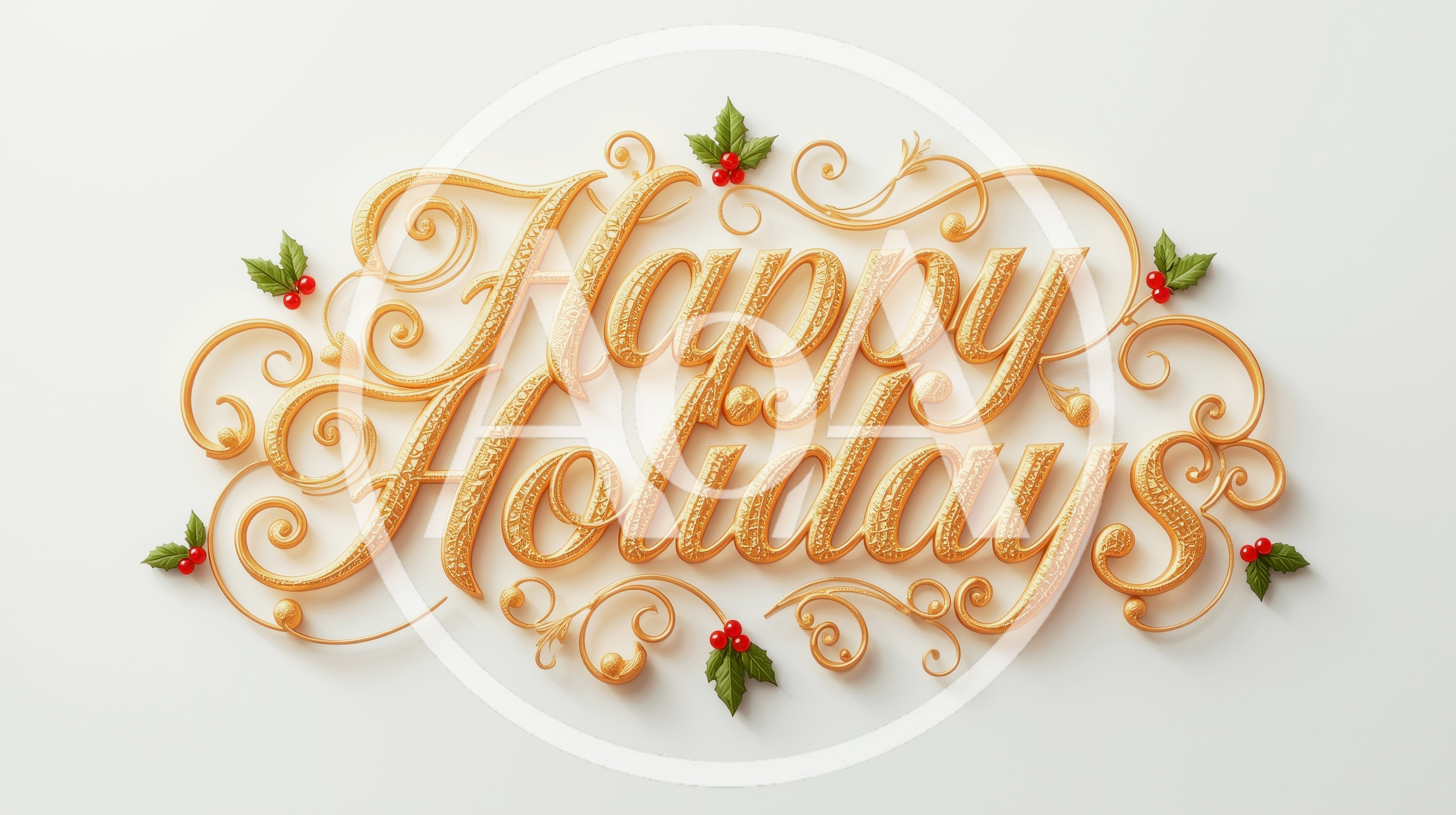 Gold Happy Holidays Calligraphy With Holly Berries
