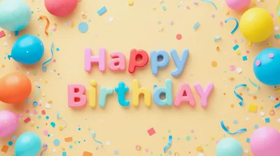 Happy Birthday Text With Colorful Balloons And Confetti