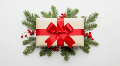 Christmas Gift Box With Red Ribbon And Pine Branches