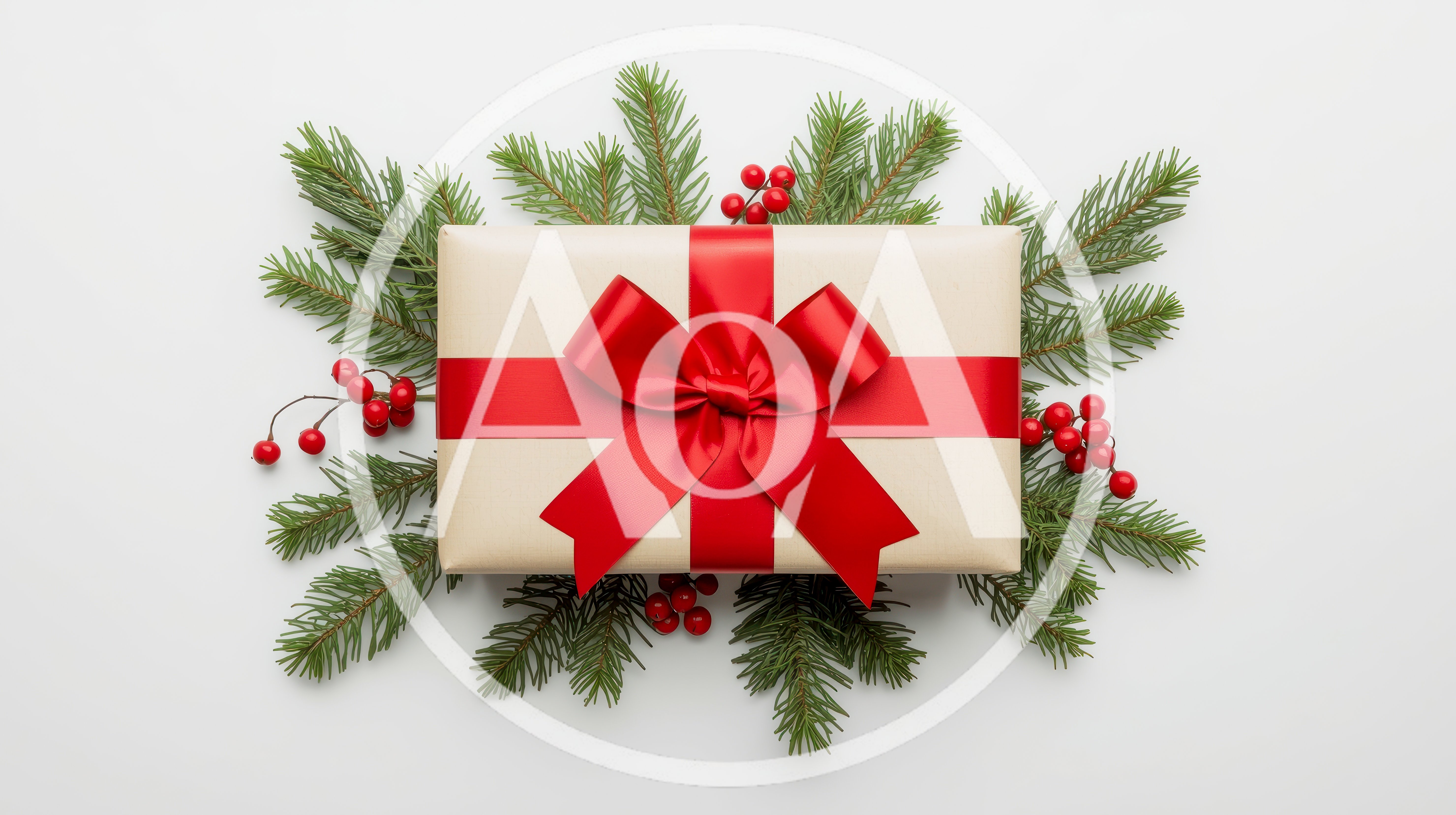 Christmas Gift Box With Red Ribbon And Pine Branches