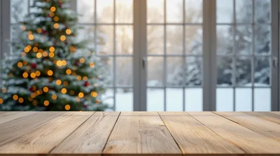Empty Wooden Table Before A Blurred Christmas Tree