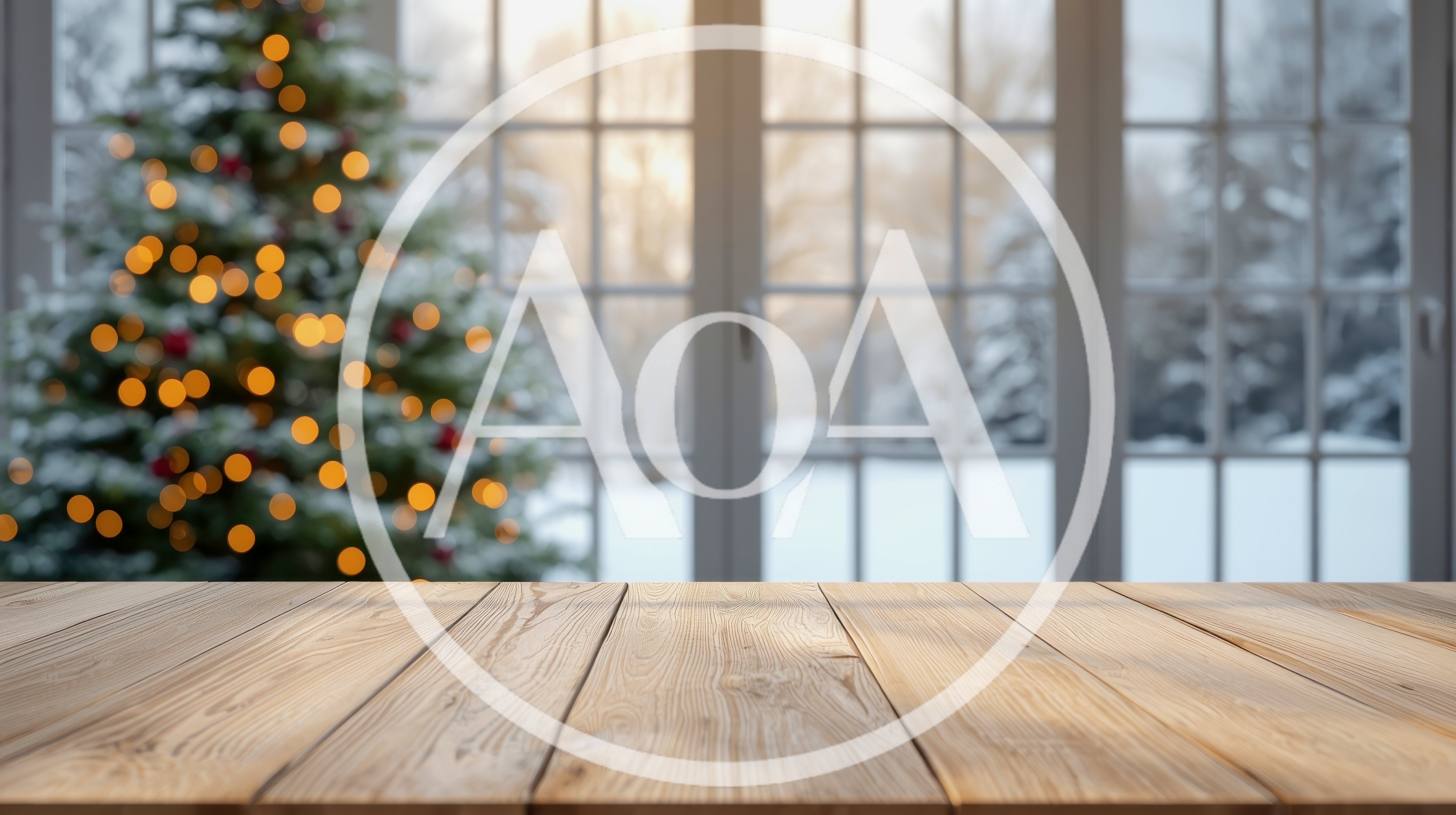 Empty Wooden Table Before A Blurred Christmas Tree