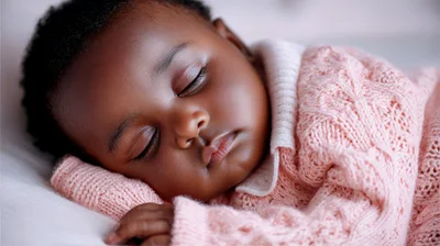 Sleeping African American Baby In Pink Knitted Sweater