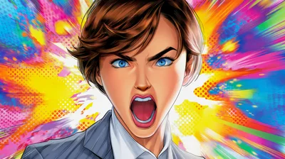Angry Businesswoman Shouting With Colorful Comic Book Background