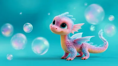 Cute Baby Dragon Surrounded By Floating Bubbles