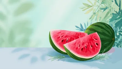 Fresh Watermelon Slices On A Light Blue Surface