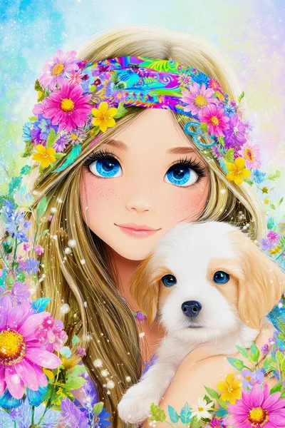 Digital Illustration Of A Girl With A Puppy