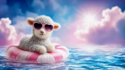 Cute Fluffy Lamb Wearing Heart Sunglasses On Pool Float
