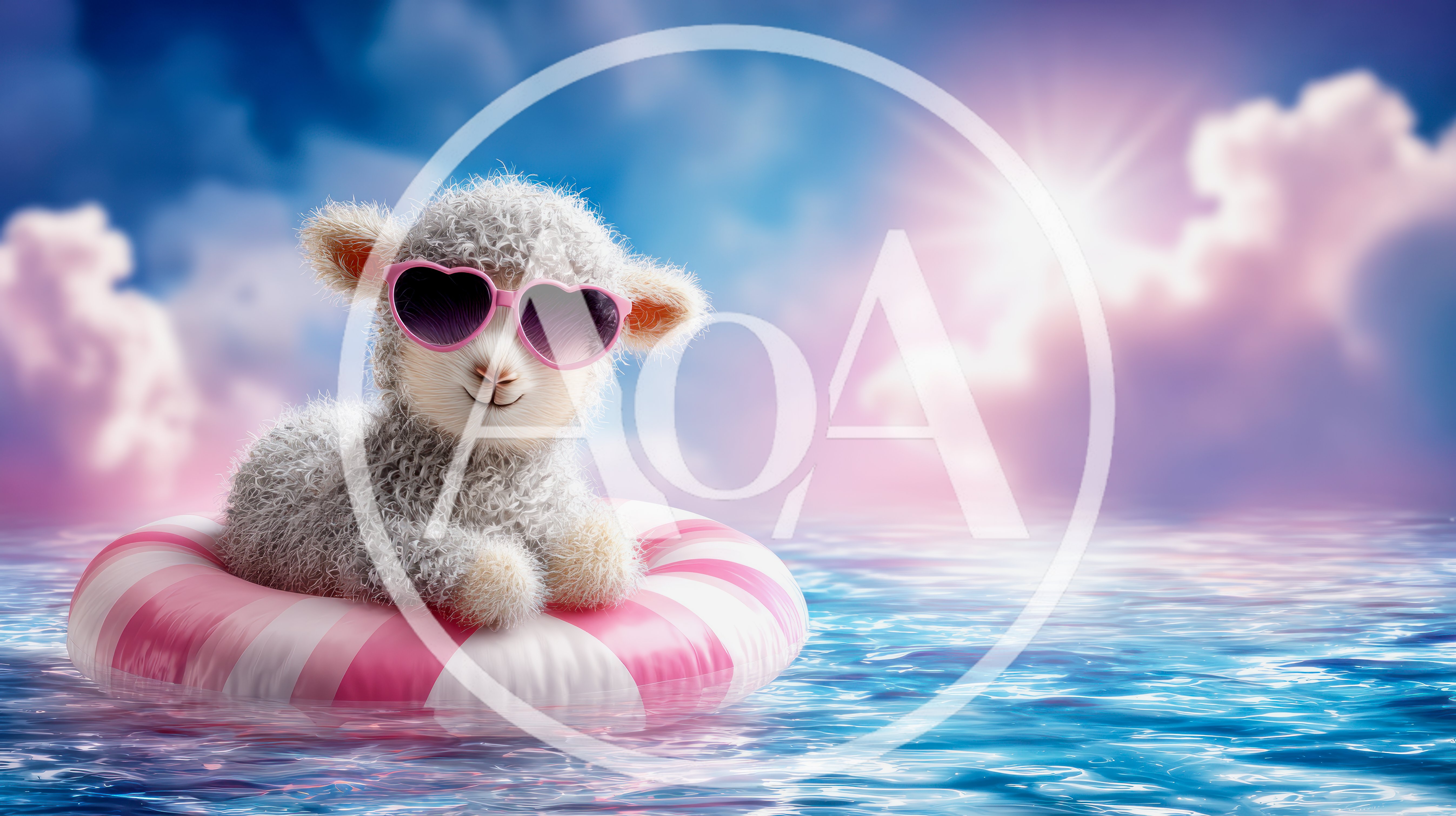 Cute Fluffy Lamb Wearing Heart Sunglasses On Pool Float