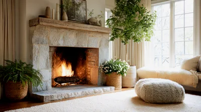 Cozy Living Room With Stone Fireplace And Potted Plants
